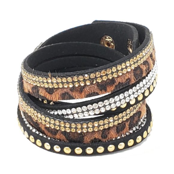 Jewelry - Leopard Print and Leather Crystal Wrap Bracelet